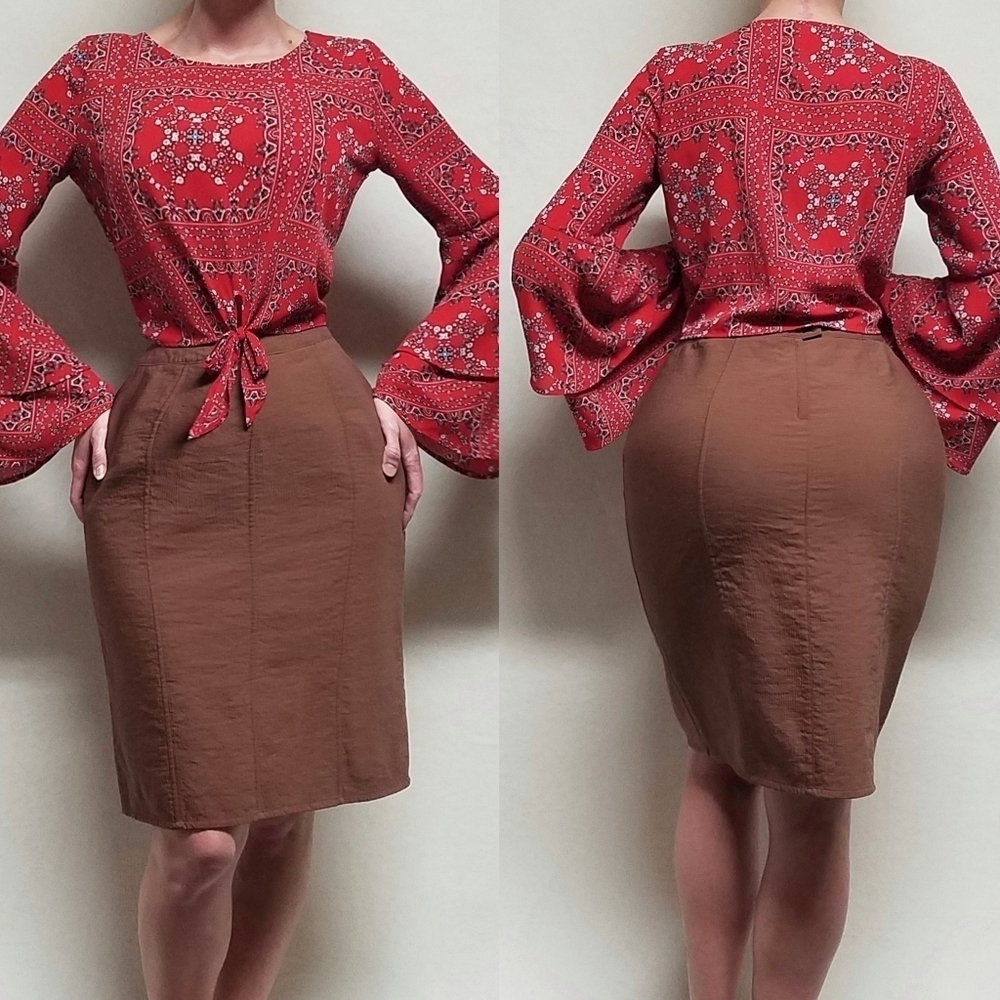 90s Vintage Ron Leal Textured Wool Blend Chocolate Brown Paneled Pencil Skirt 10
